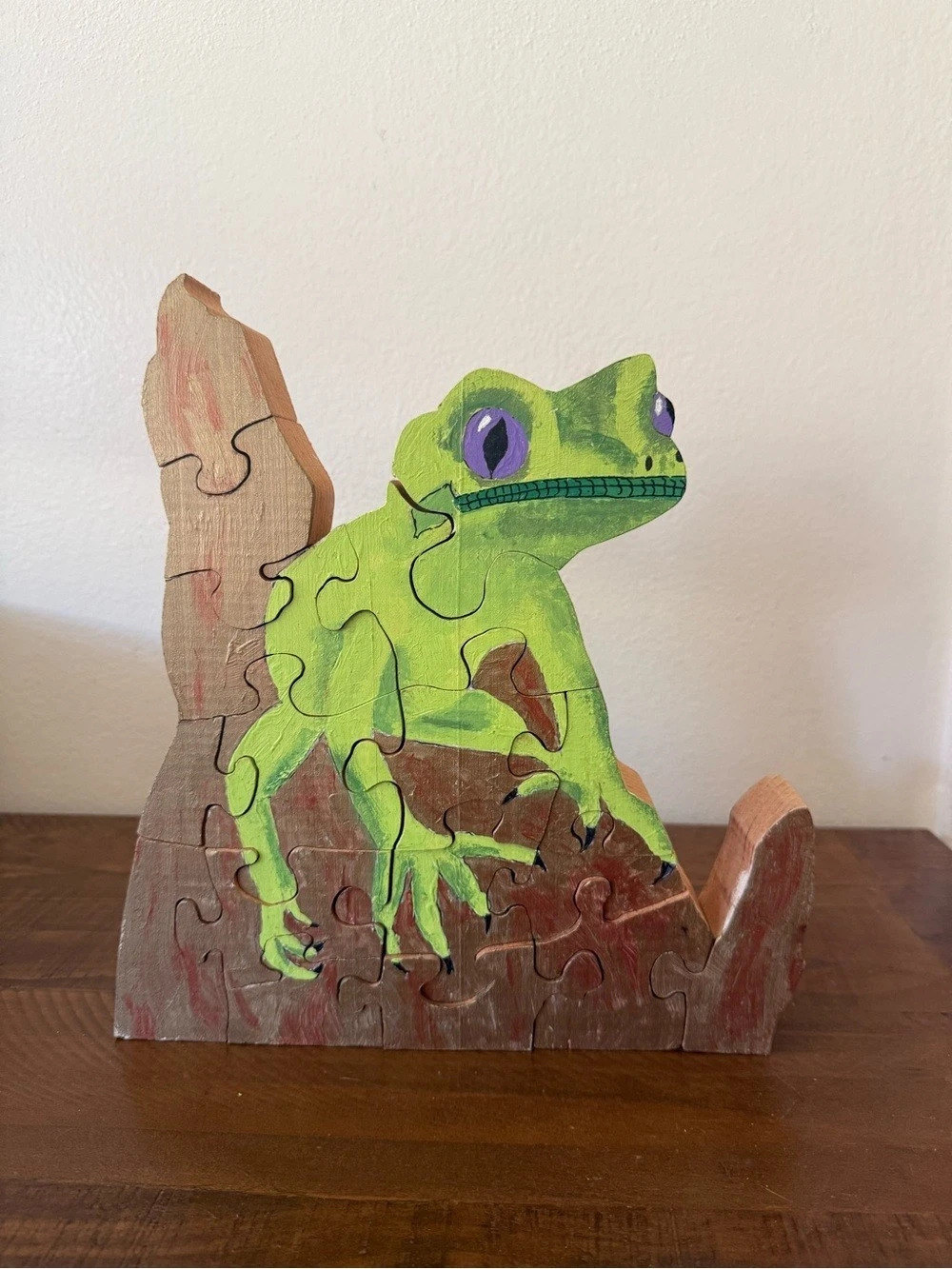 Handmade Wooden Puzzle - Green Frog/Lizard Hand-Painted Decor